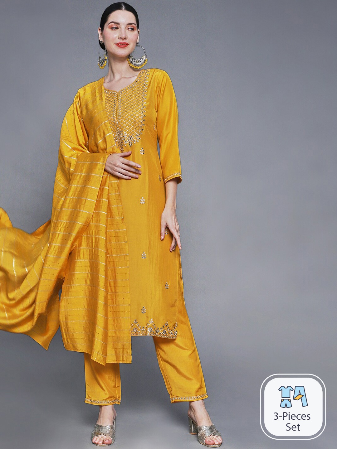 

Ishin Floral Embroidered Sequinned Detail Straight Kurta & Trouser With Dupatta, Mustard