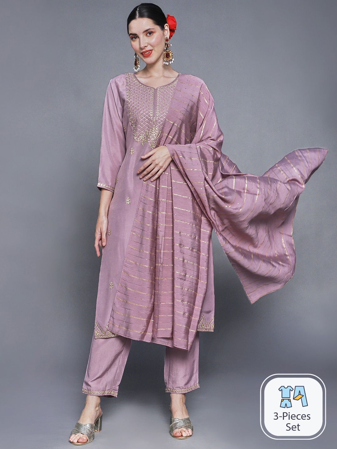 

Ishin Floral Embroidered Regular A-Line Kurta With Trousers & Dupatta, Purple