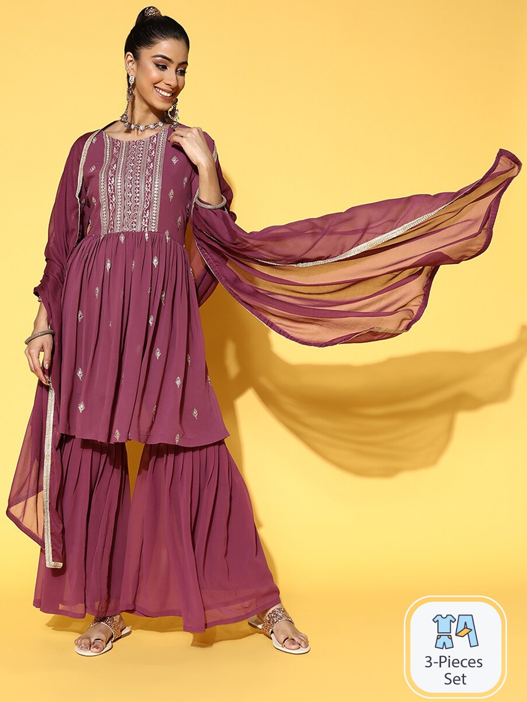 

Ishin Floral Embroidered Regular Kurta With Sharara & Dupatta, Mauve