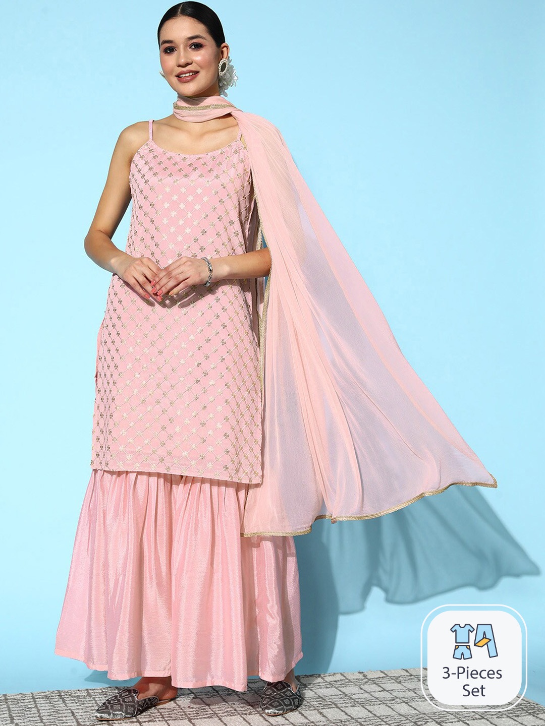 

Ishin Embroidered Regular Sequinned Kurta With Sharara & Dupatta, Pink