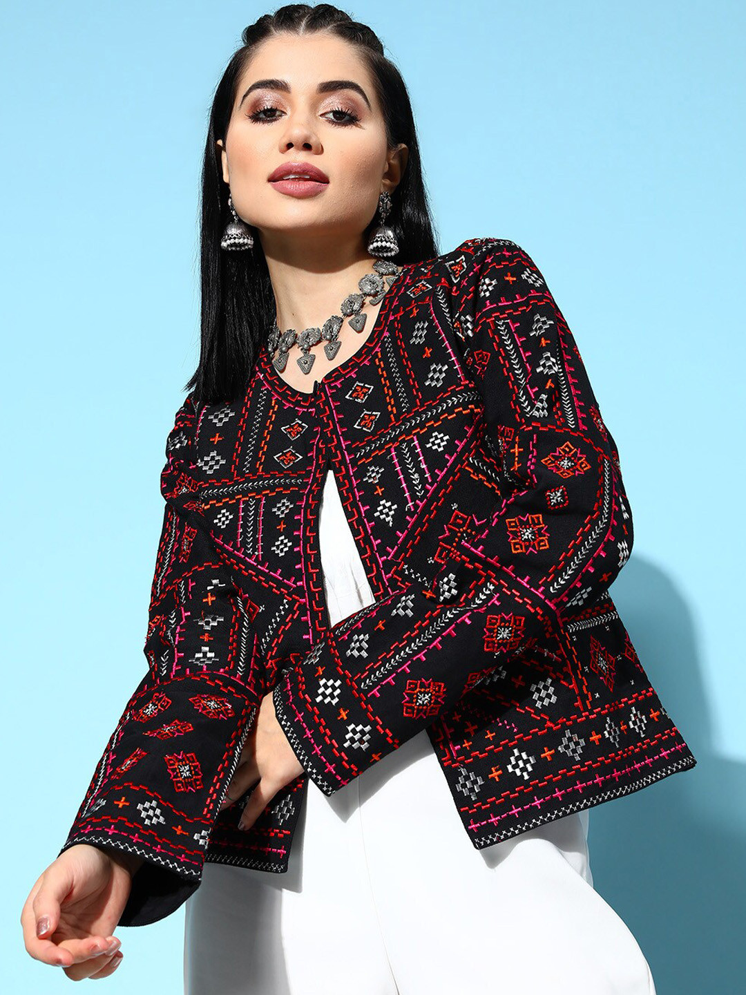 

Ishin Floral Embroidered Cotton Tailored Jacket, Black