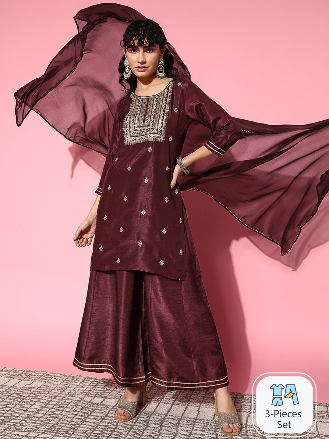 

Ishin Ethnic Motifs Embroidered Regular A-Line Kurta With Sharara & Dupatta, Maroon