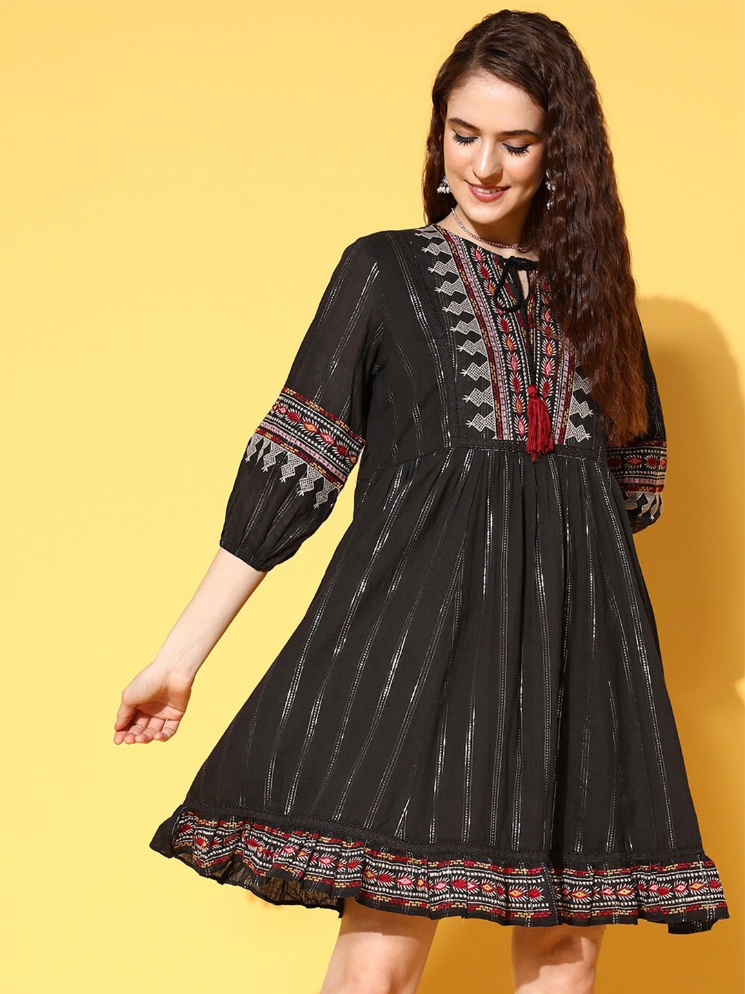 

Ishin Striped Embroidered Tie-Up Neck Cotton A-Line Ethnic Dress, Black