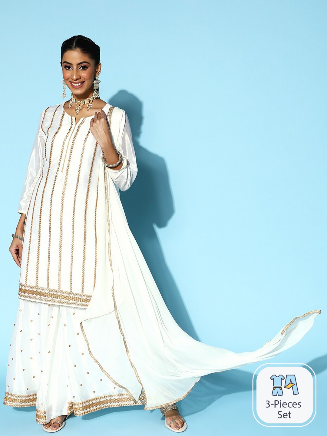 

Ishin Embroidered Regular Sequinned Kurta With Sharara & Dupatta, Off white