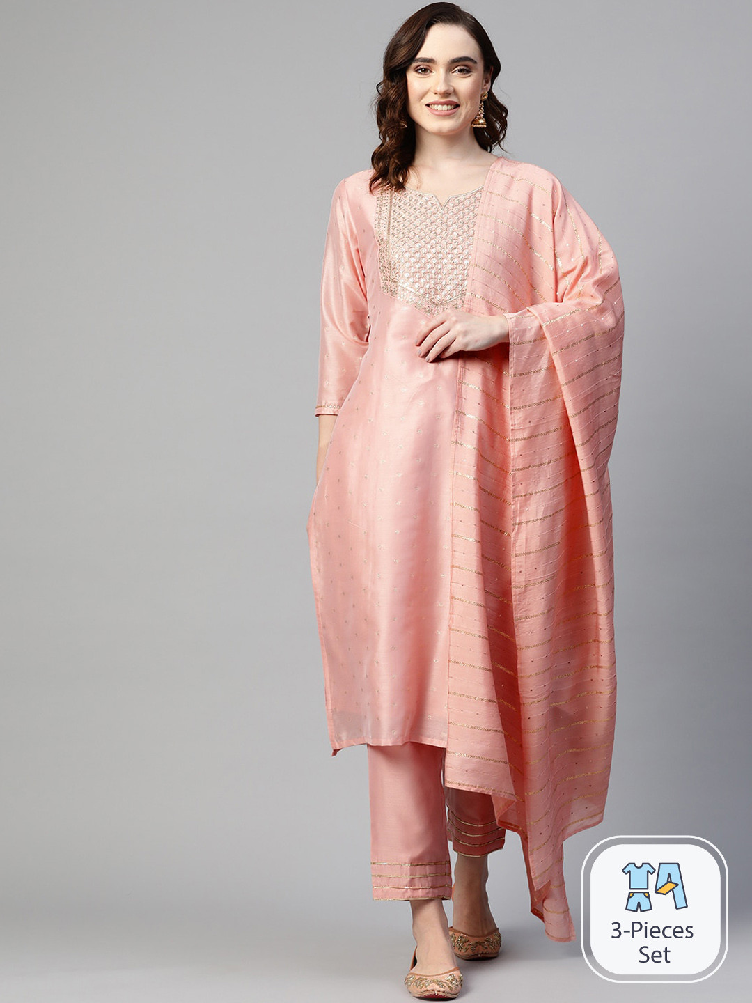 

Ishin Ethnic Motifs Yoke Design Sequinned Chanderi Silk Kurta With Trousers & Dupatta, Peach