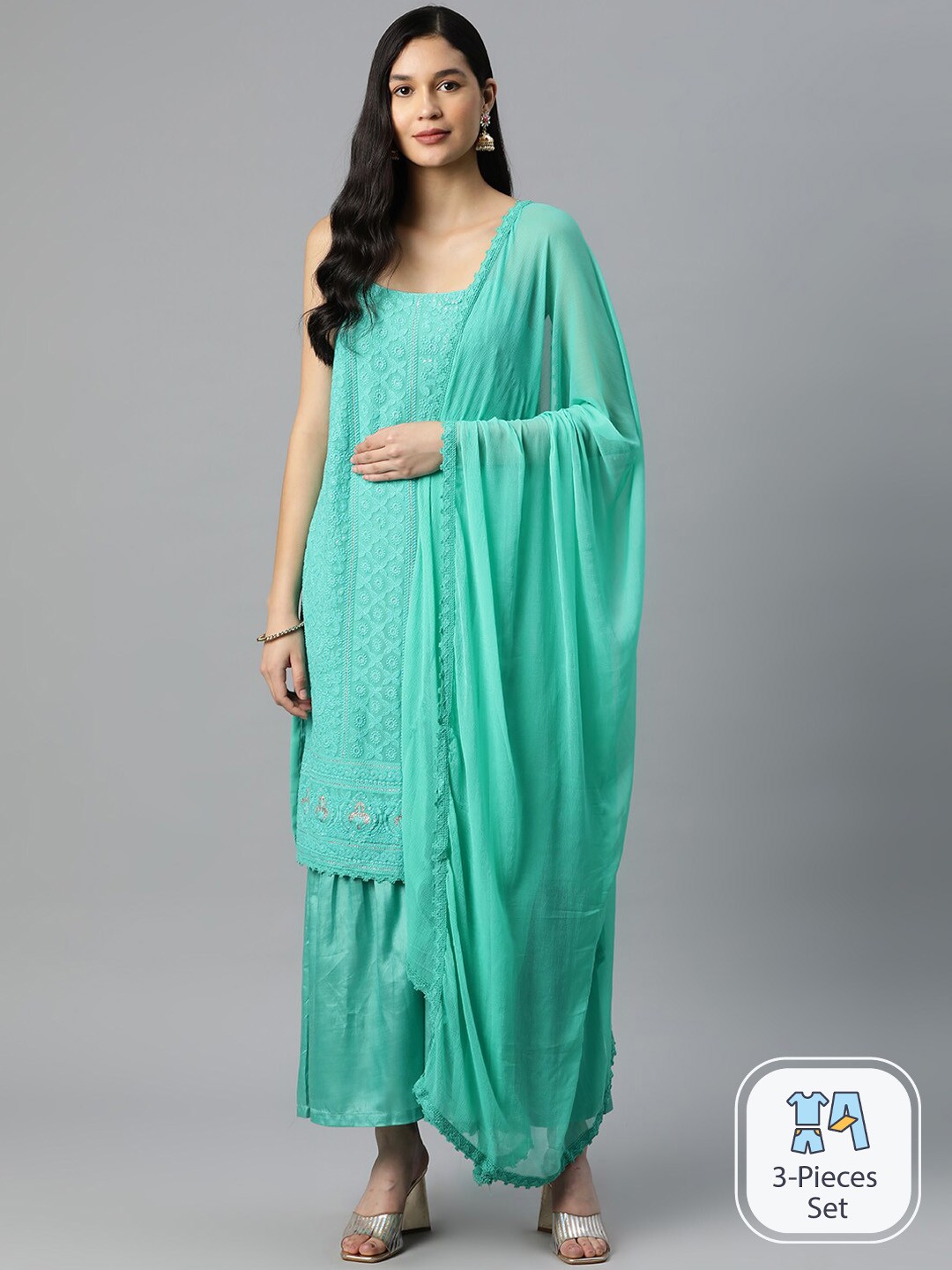 

Ishin Ethnic Motifs Embroidered Thread Work Kurta & Sharara With Dupatta, Sea green