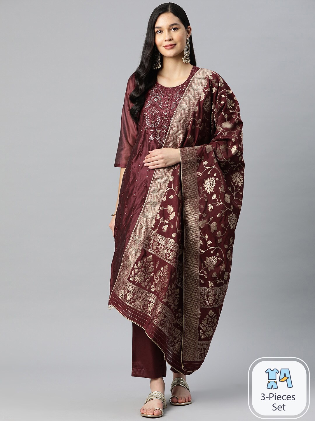 

Ishin Ethnic Motifs Embroidered Thread Work Kurta & Trousers With Dupatta, Maroon