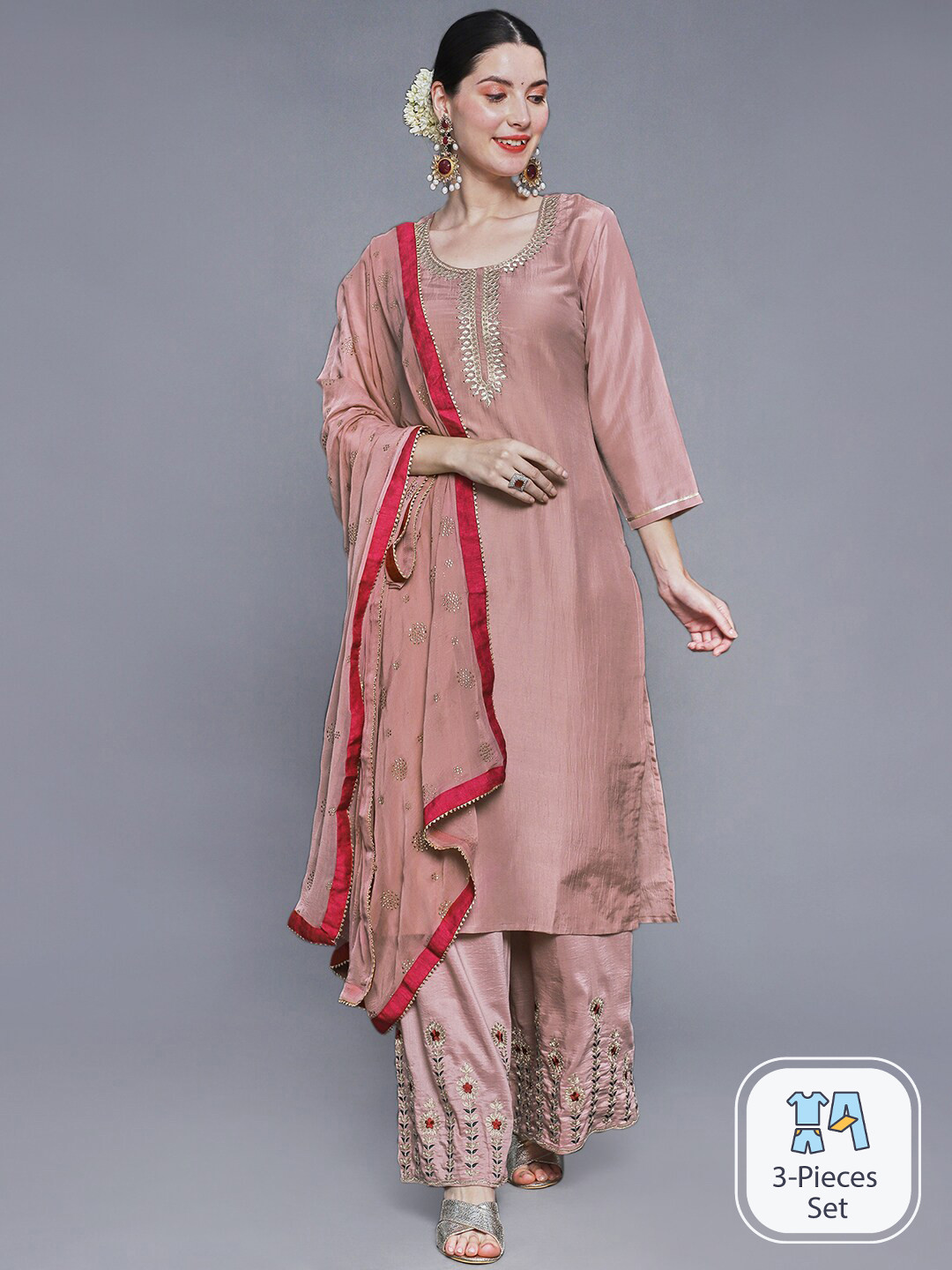 

Ishin Floral Embroidered Thread Work Kurta & Palazzos With Dupatta, Peach