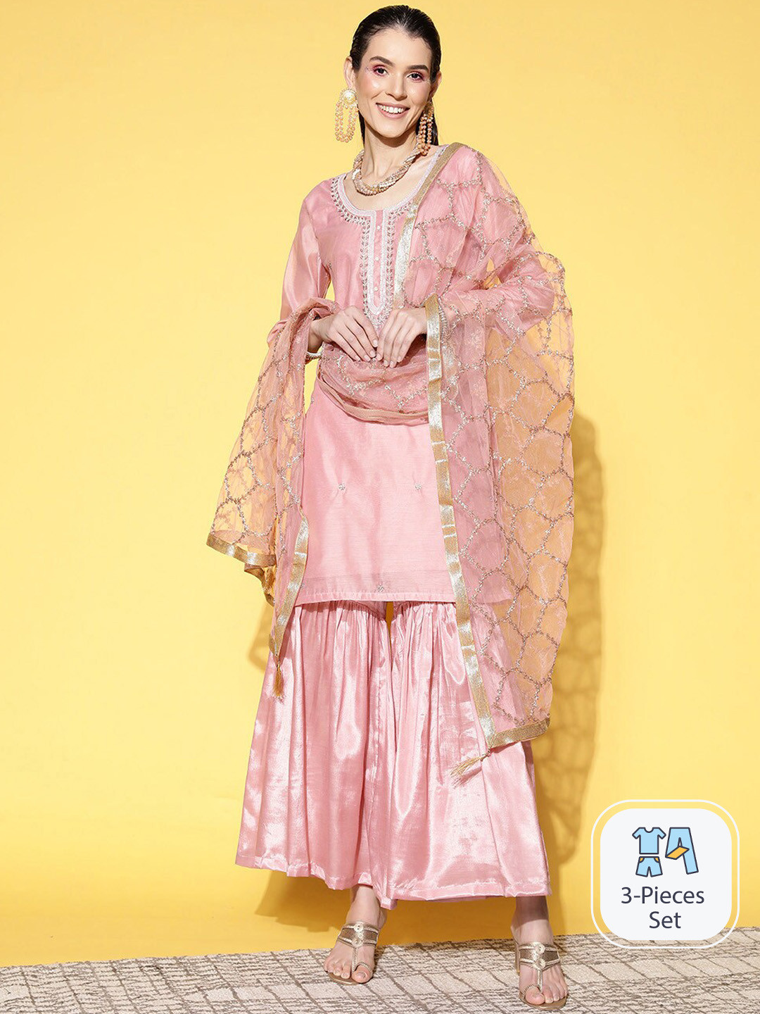 

Ishin Floral Embroidered Thread Work Chanderi Silk Kurta & Sharara With Dupatta, Mauve