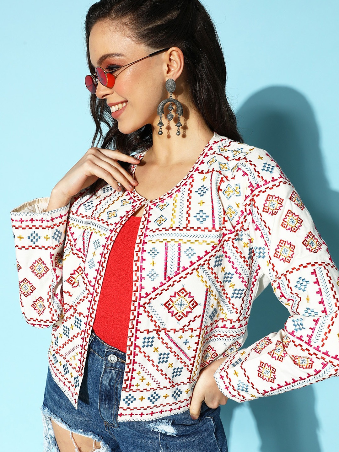 

Ishin Geometric Embroidered Cotton Tailored Jacket, Off white