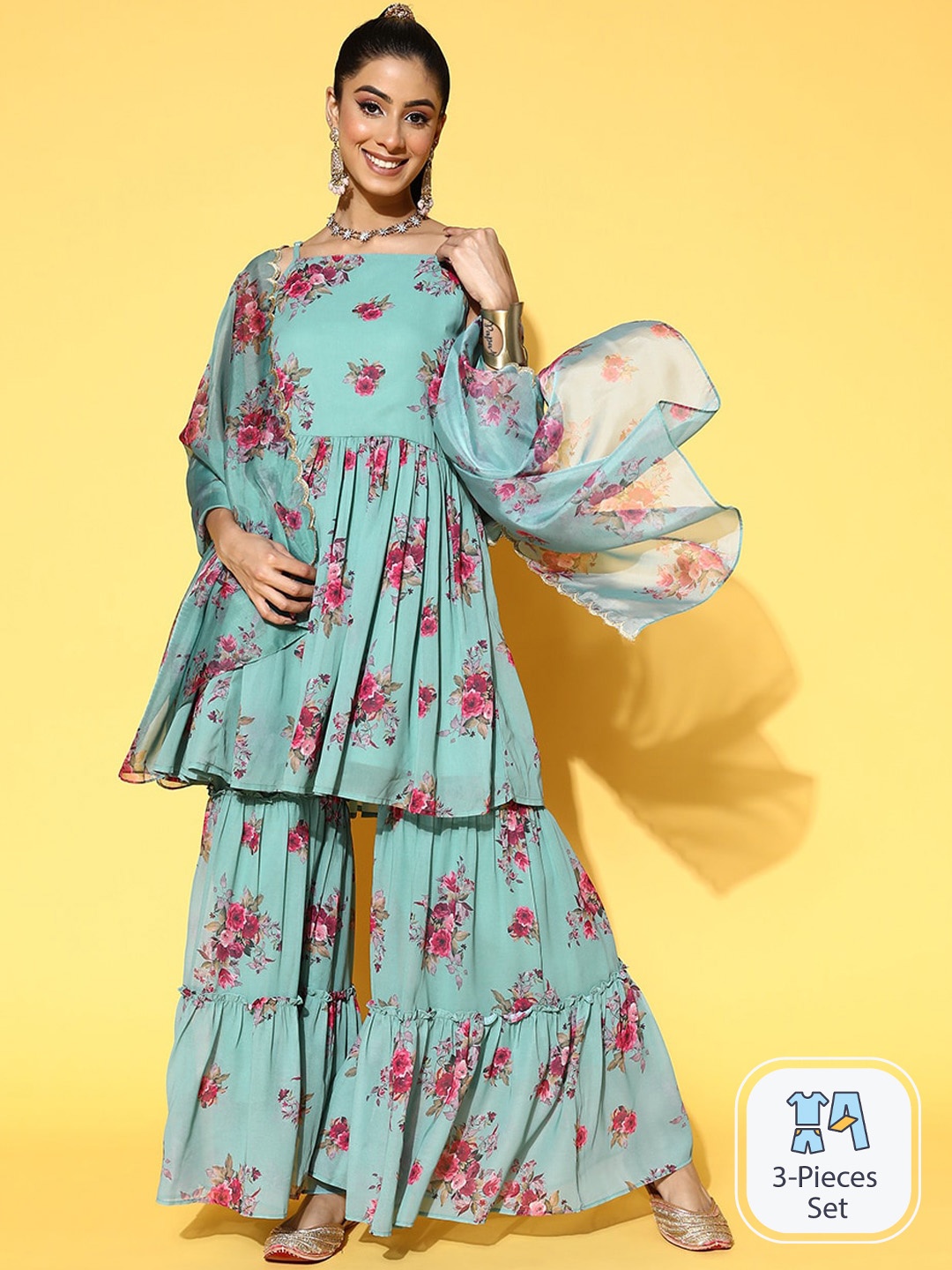 

Ishin Floral Printed Shoulder Straps Kurta & Sharara & With Dupatta, Turquoise blue