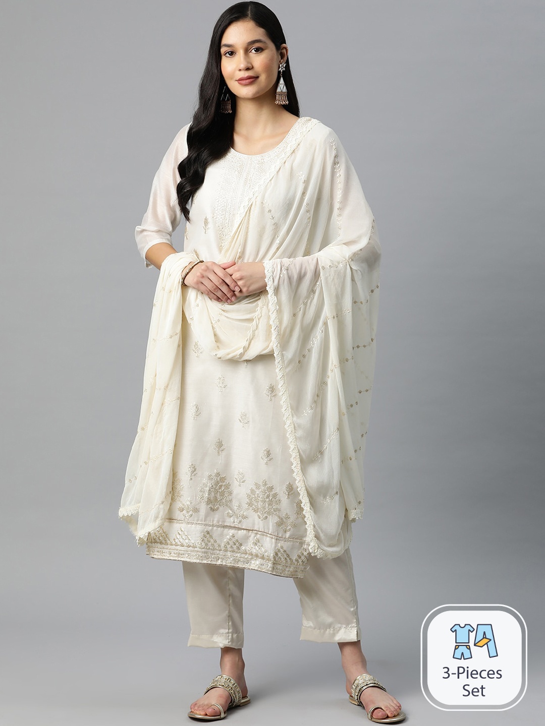 

Ishin Ethnic Motifs Embroidered Thread Work Kurta & Palazzos & With Dupatta, Off white