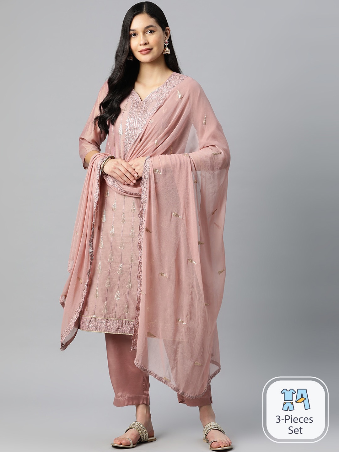 

Ishin Ethnic Motifs Embroidered Sequinned Detailed Kurta & Trousers With Dupatta, Mauve