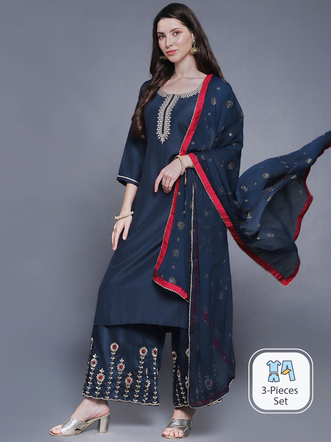 

Ishin Ethnic Motifs Embroidered Regular Gotta Patti Kurta With Palazzos & Dupatta, Navy blue