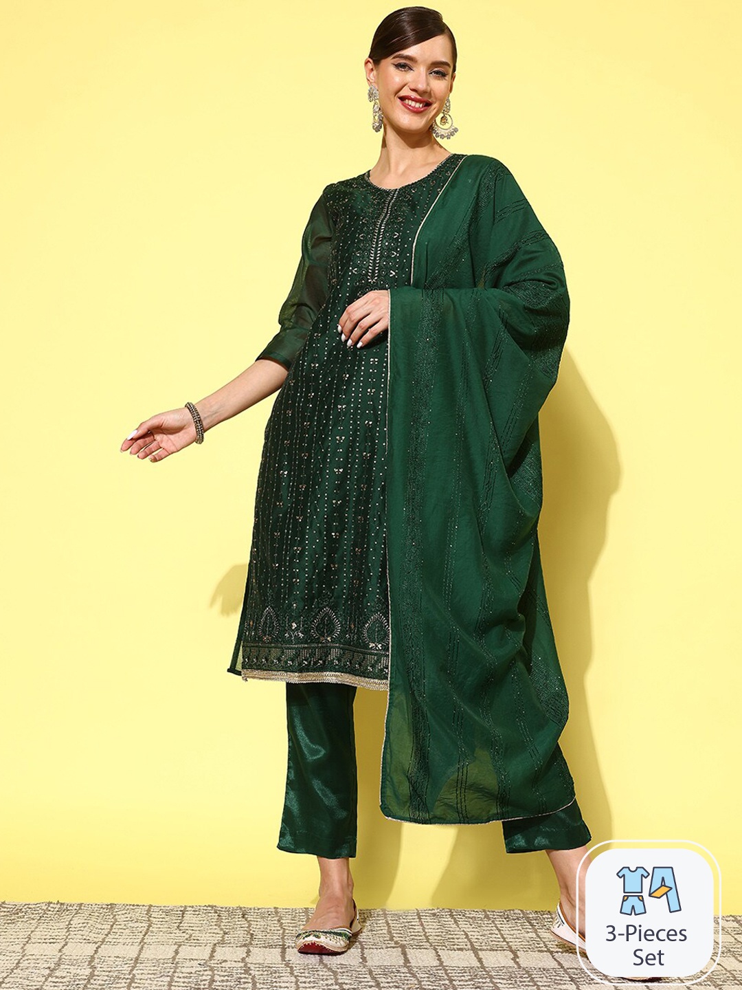 

Ishin Ethnic Motifs Embroidered Regular Thread Work Kurta With Trousers & Dupatta, Green