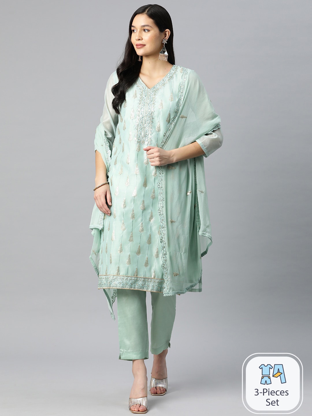 

Ishin Ethnic Motifs Embroidered Regular Sequinned Kurta With Trousers & Dupatta, Green