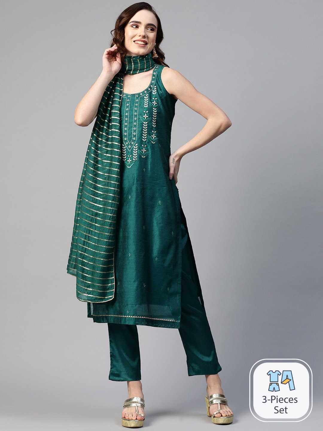 

Ishin Floral Embroidered Regular Gotta Patti Chanderi Silk Kurta With Trousers & Dupatta, Teal