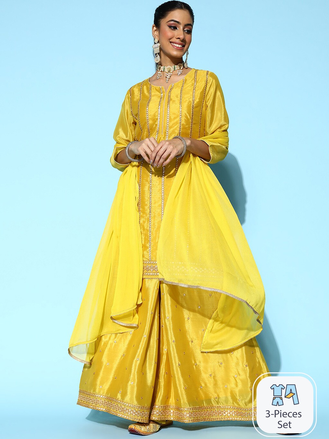 

Ishin Embroidered Regular Sequinned Kurta with Sharara & Dupatta, Yellow