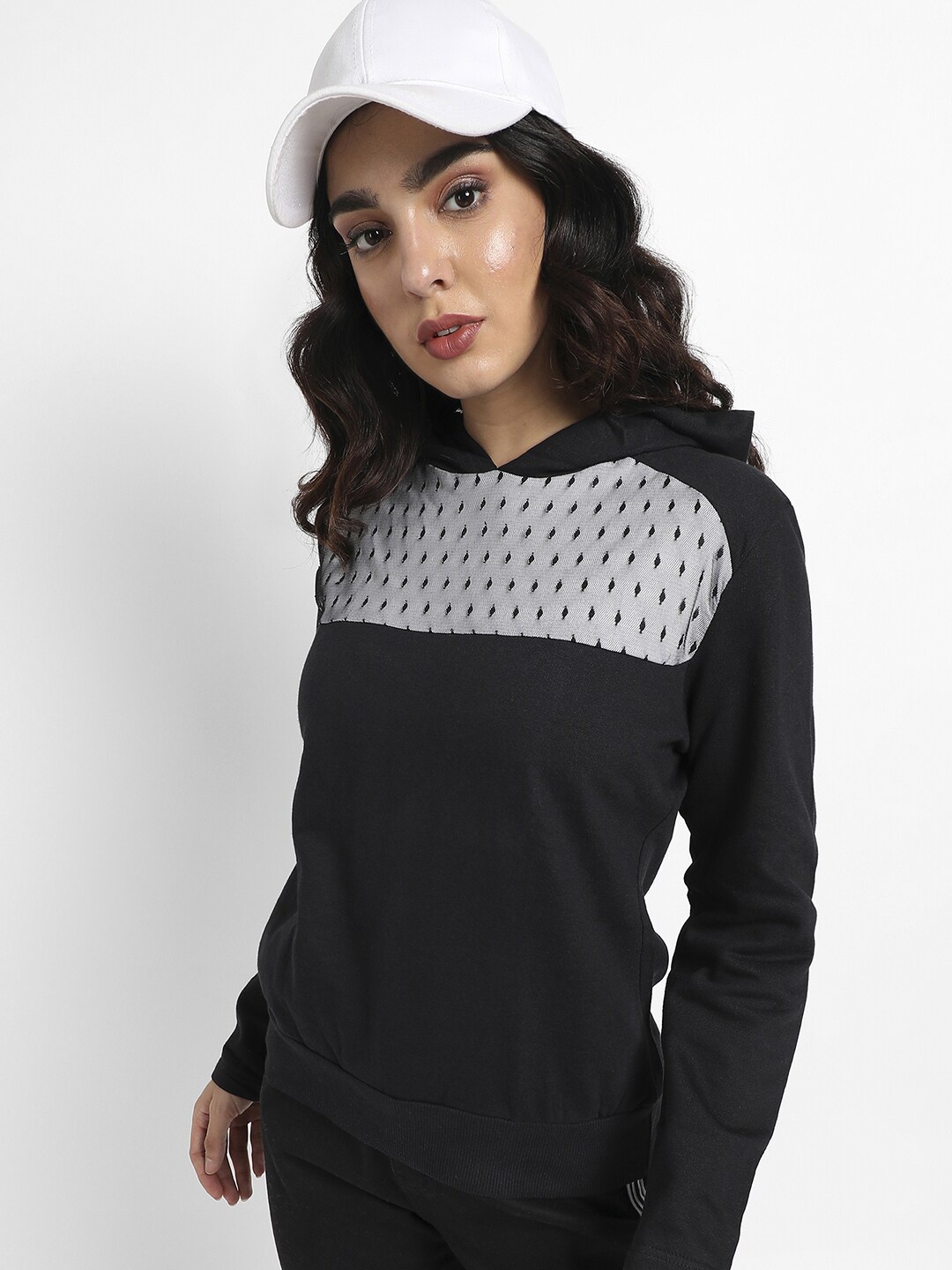 

Campus Sutra Self Design Hooded Cotton Pullover Sweatshirt, Black