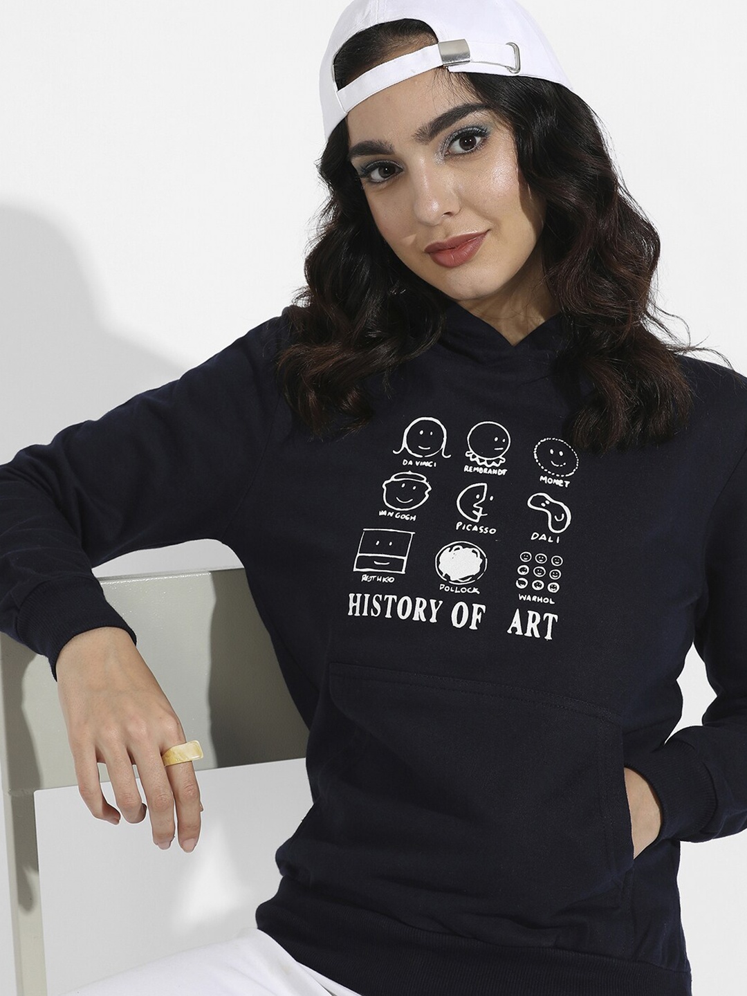 

Campus Sutra Conversational Printed Hooded Pullover Sweatshirt, Navy blue