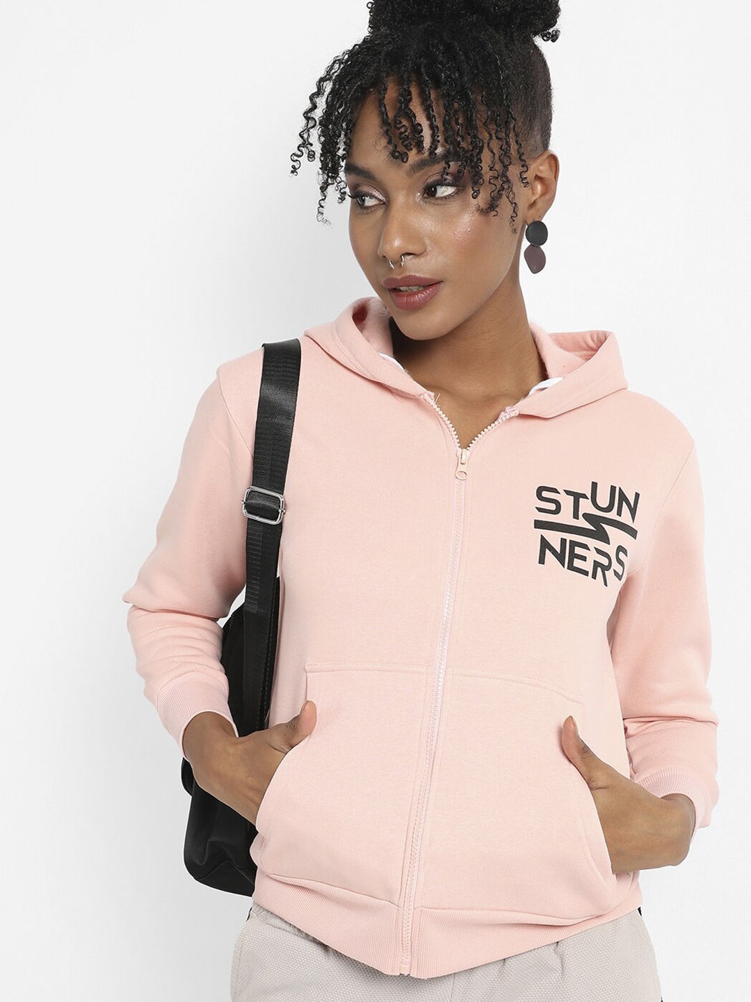 

Campus Sutra Typography Printed Hooded Cotton Front-Open Sweatshirt, Pink