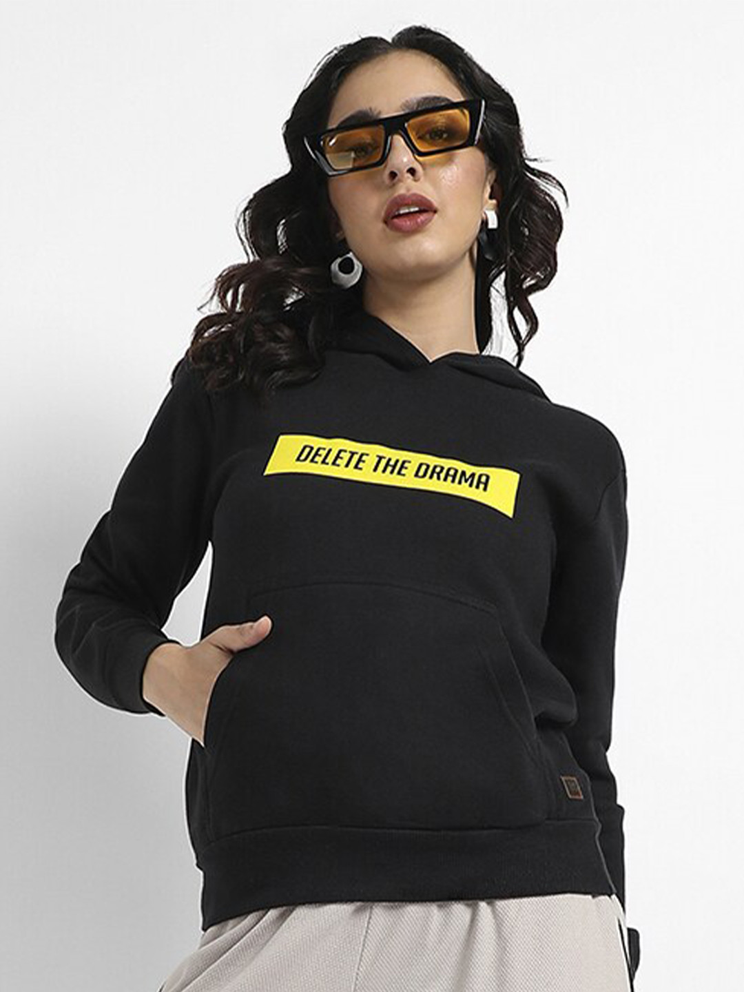 

Campus Sutra Typography Printed Hooded Cotton Sweatshirt, Black