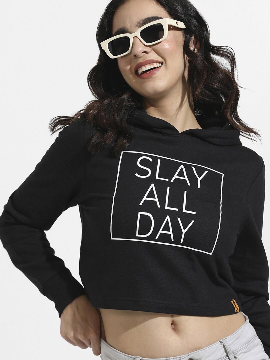 

Campus Sutra Typography Printed Hooded Crop Cotton Pullover Sweatshirt, Black