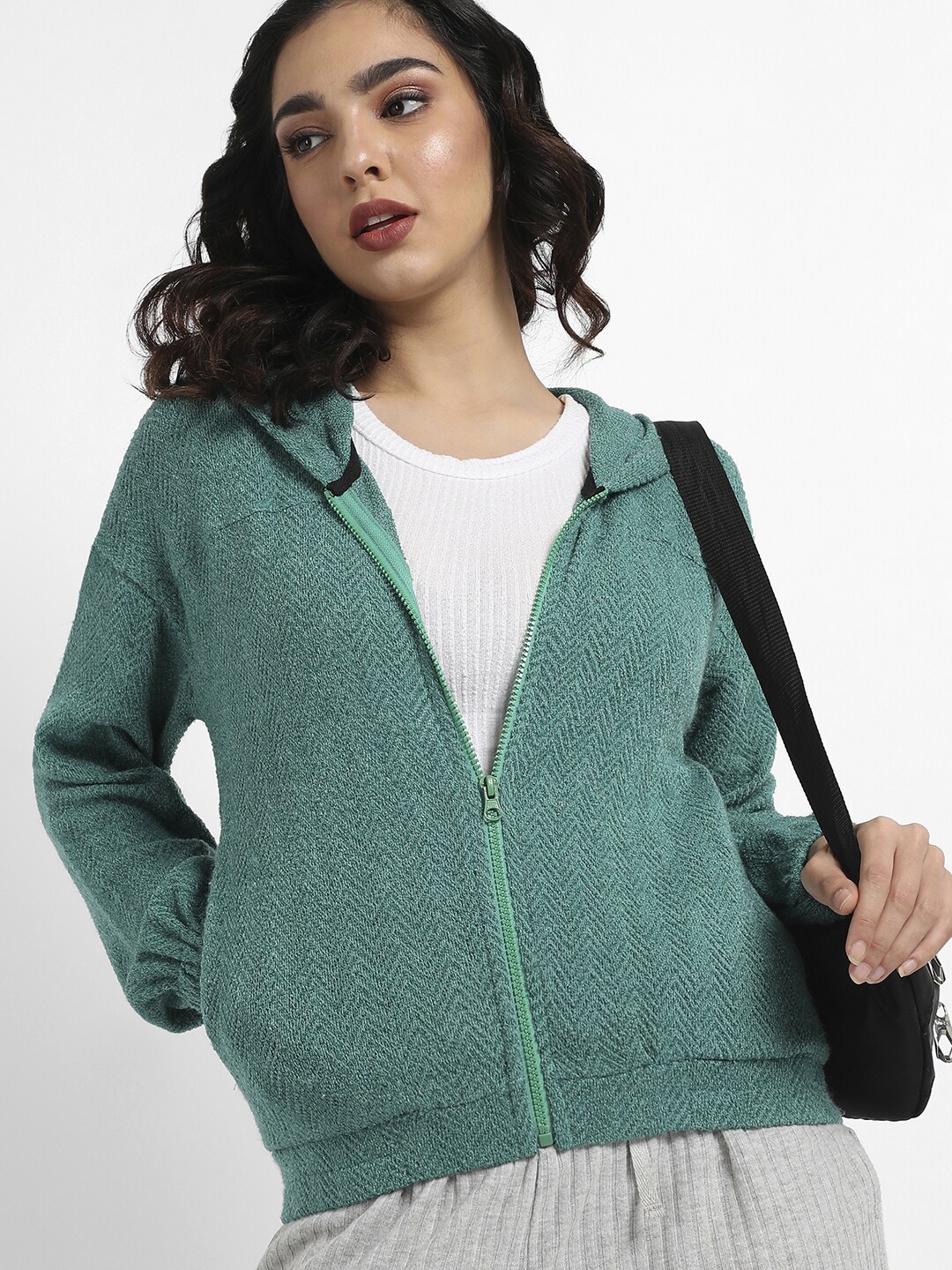 

Campus Sutra Self Design Hooded Cotton Front Open Sweatshirt, Teal