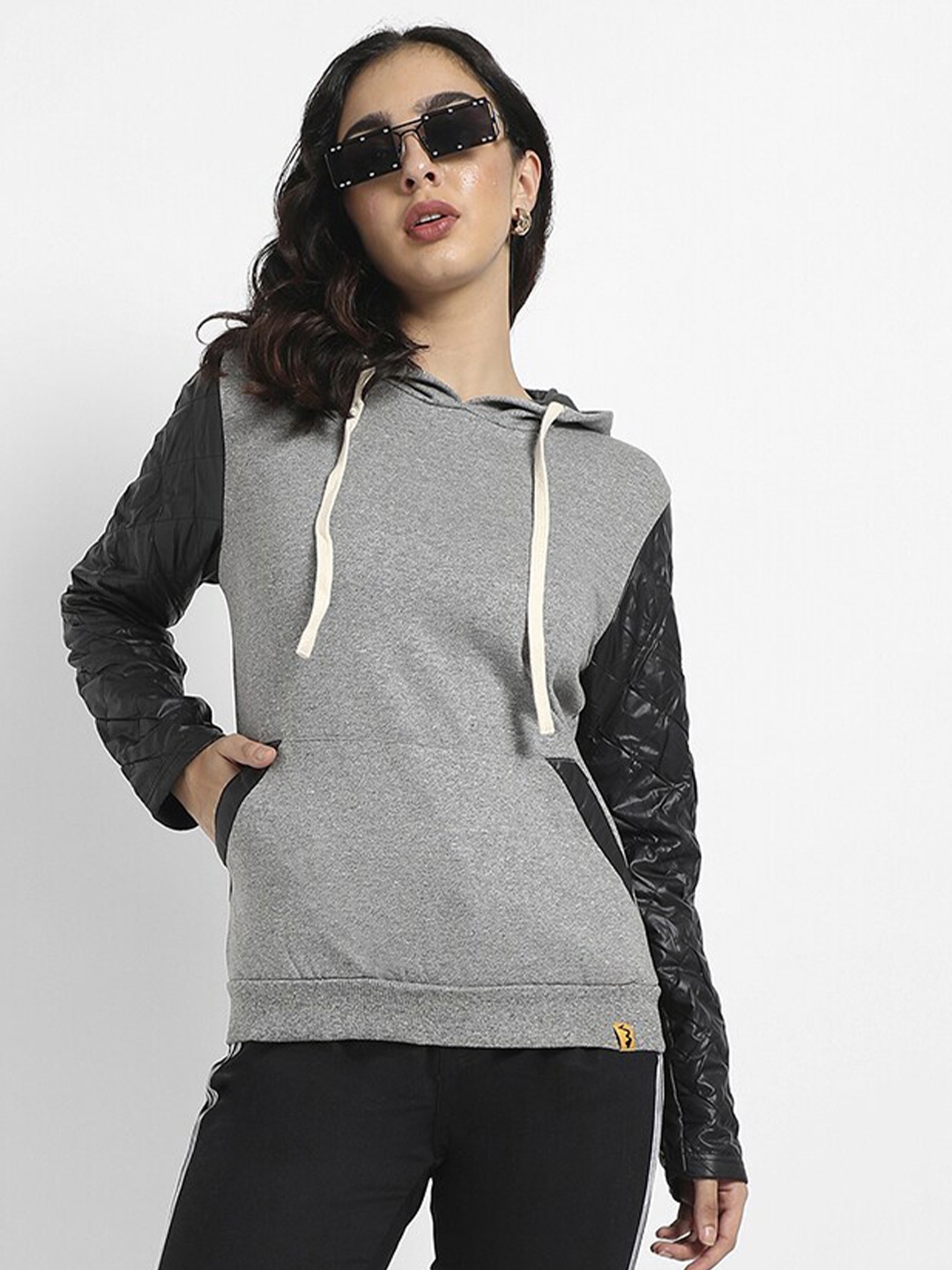 

Campus Sutra Colourblocked Hooded Cotton Pullover Sweatshirt, Grey