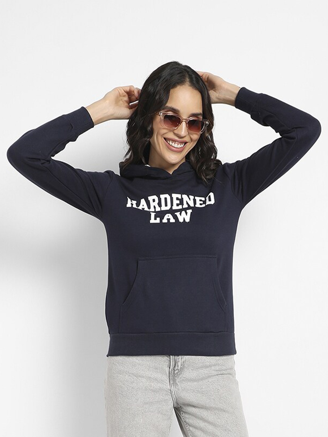 

Campus Sutra Typography Printed Hooded Cotton Sweatshirt, Navy blue