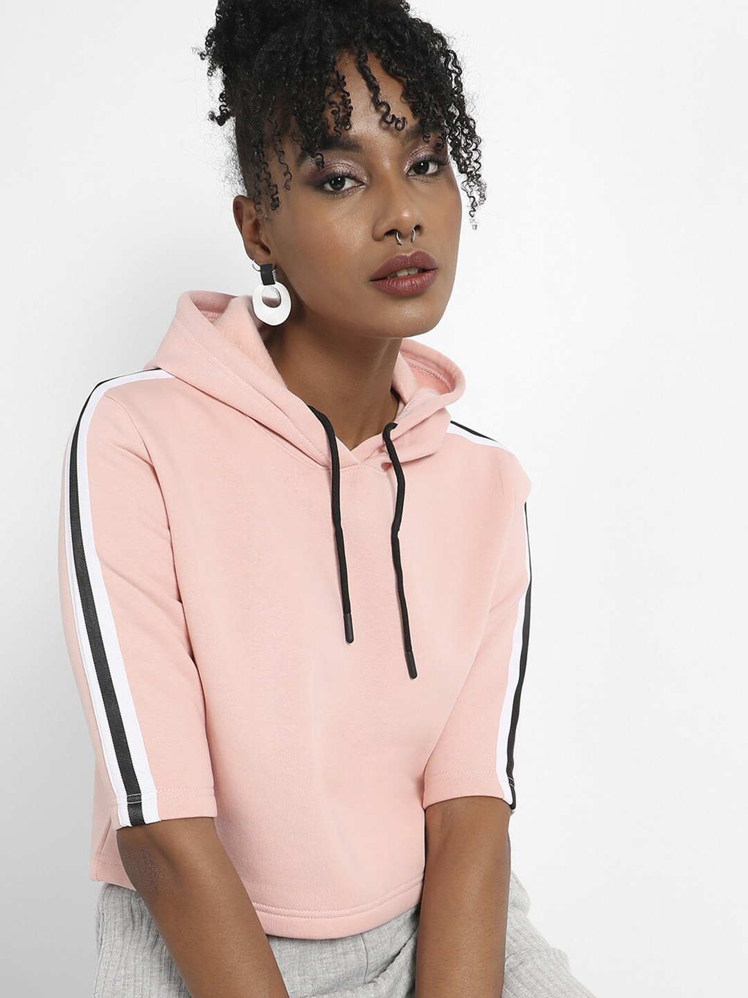 

Campus Sutra Striped Hooded Pullover, Pink