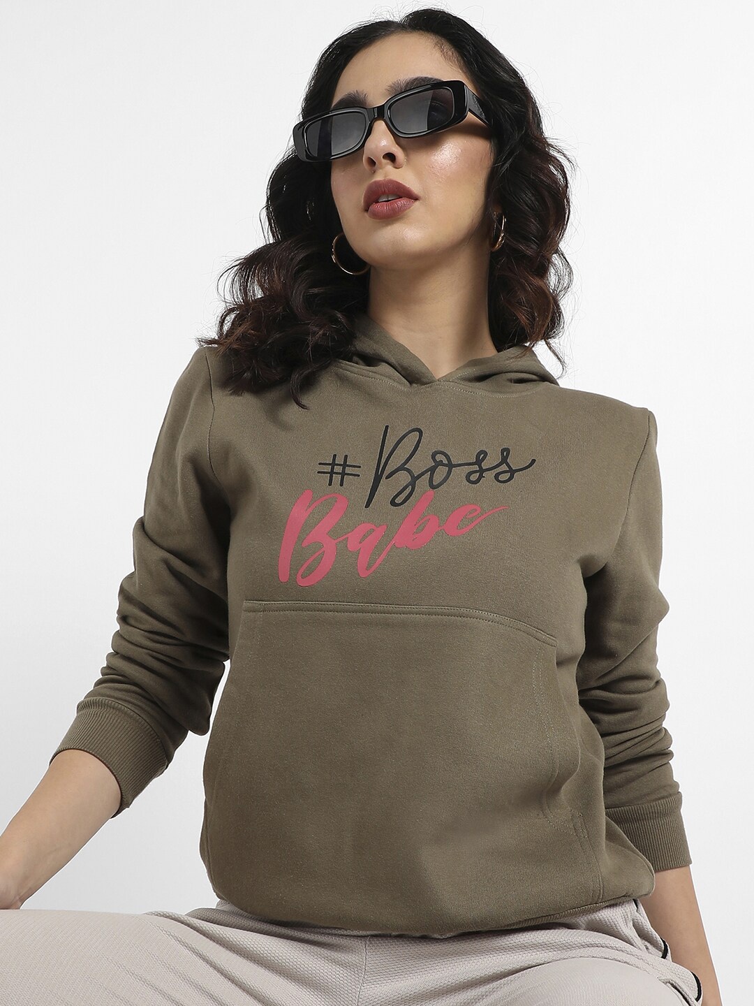 

Campus Sutra Typography Printed Hooded Cotton Pullover Sweatshirt, Olive