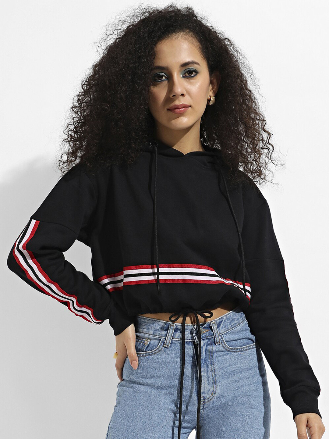 

Campus Sutra Striped Hooded Pullover, Black