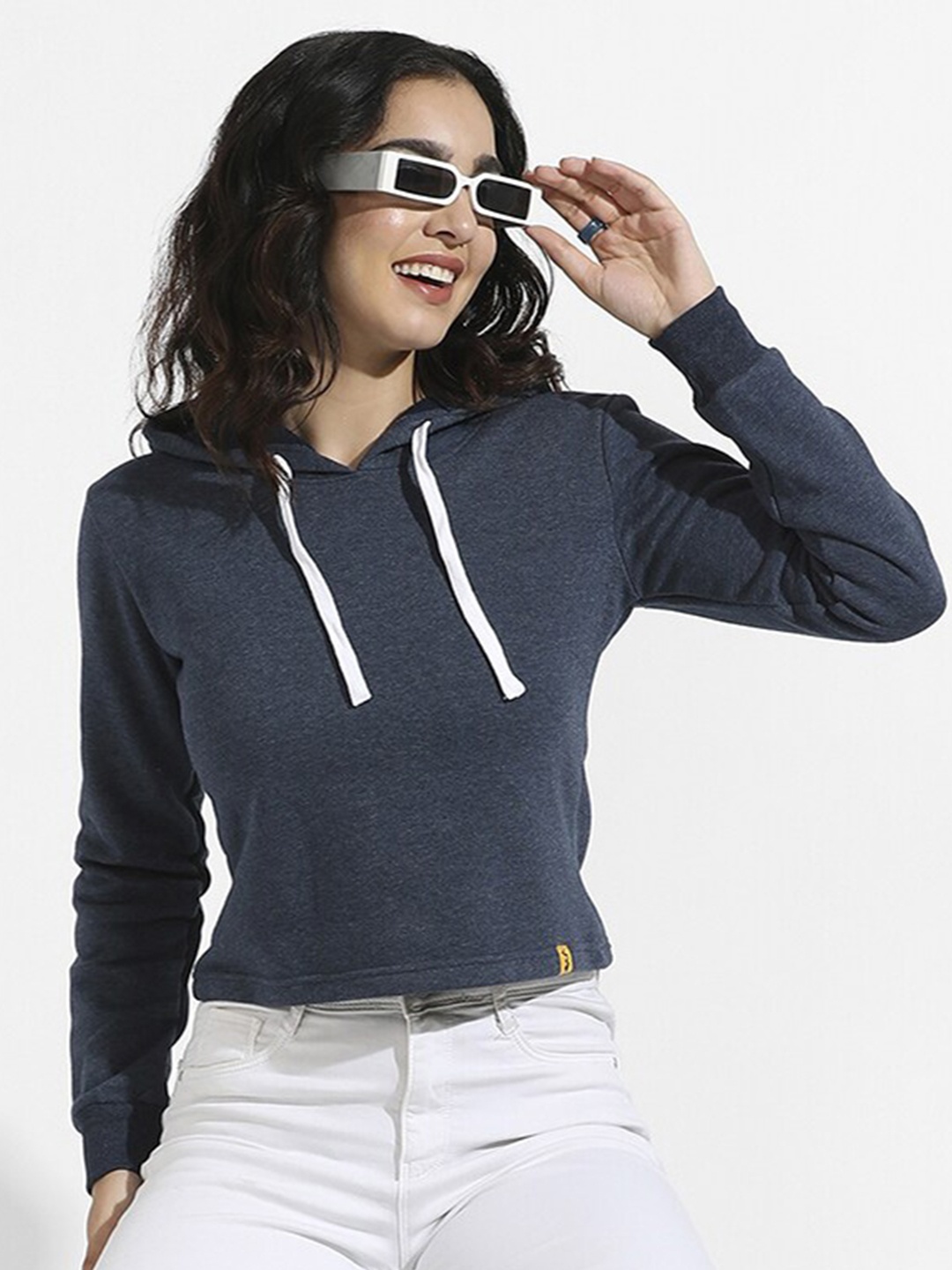 

Campus Sutra Hooded Cotton Pullover Sweatshirt, Navy blue