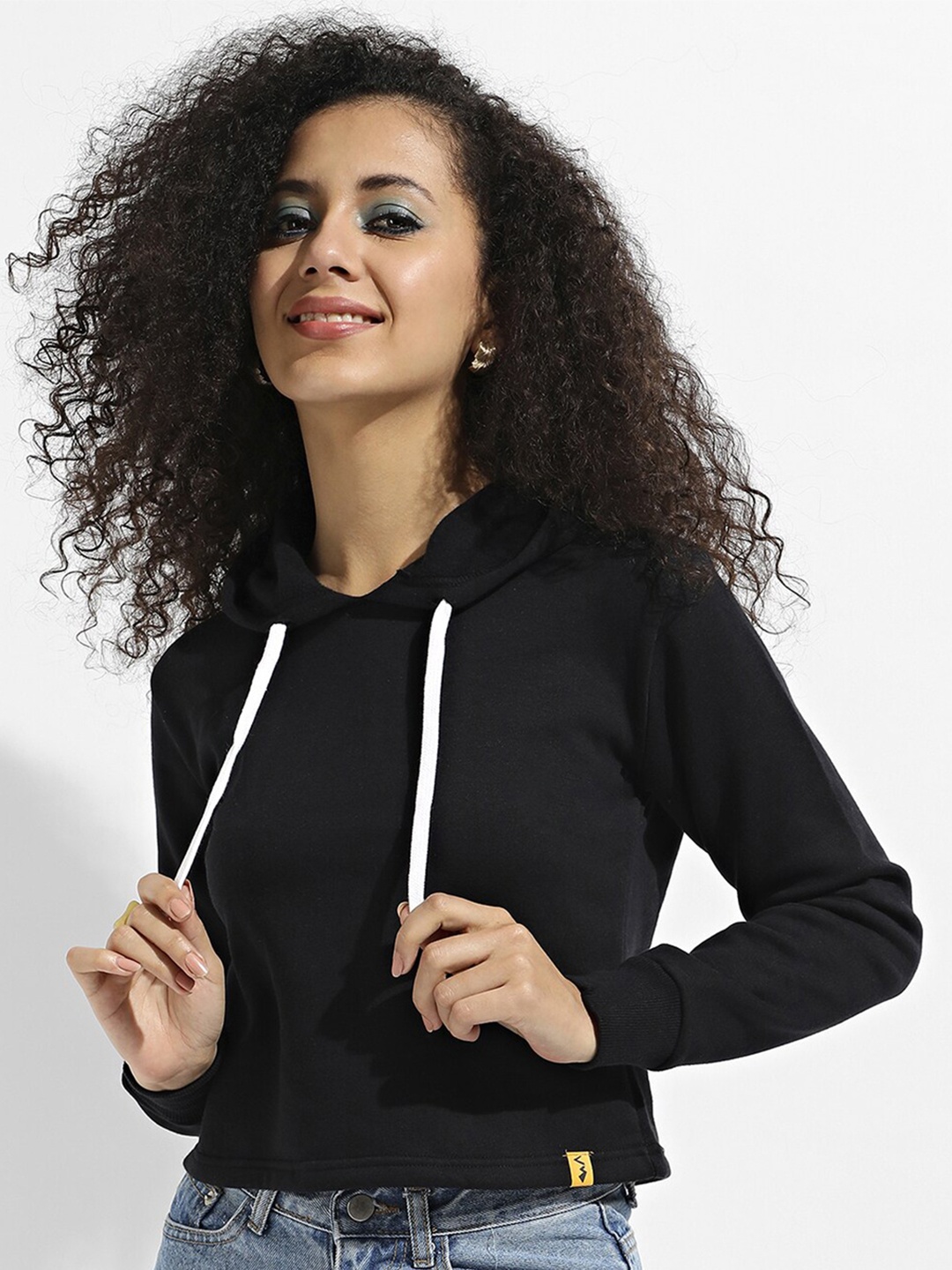 

Campus Sutra Hooded Crop Pullover Sweatshirt, Black