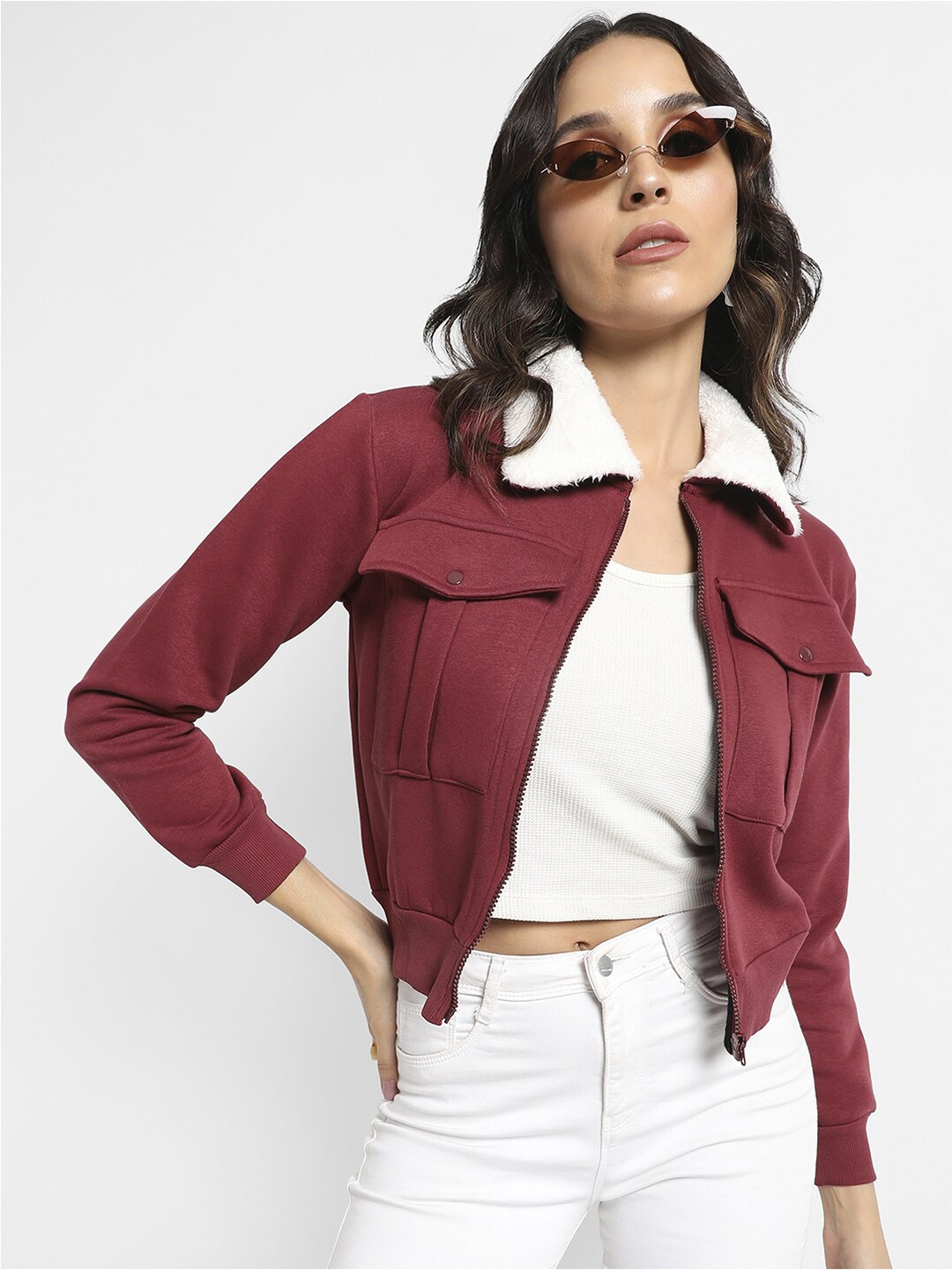 

Campus Sutra Cotton Open Front Jacket, Maroon