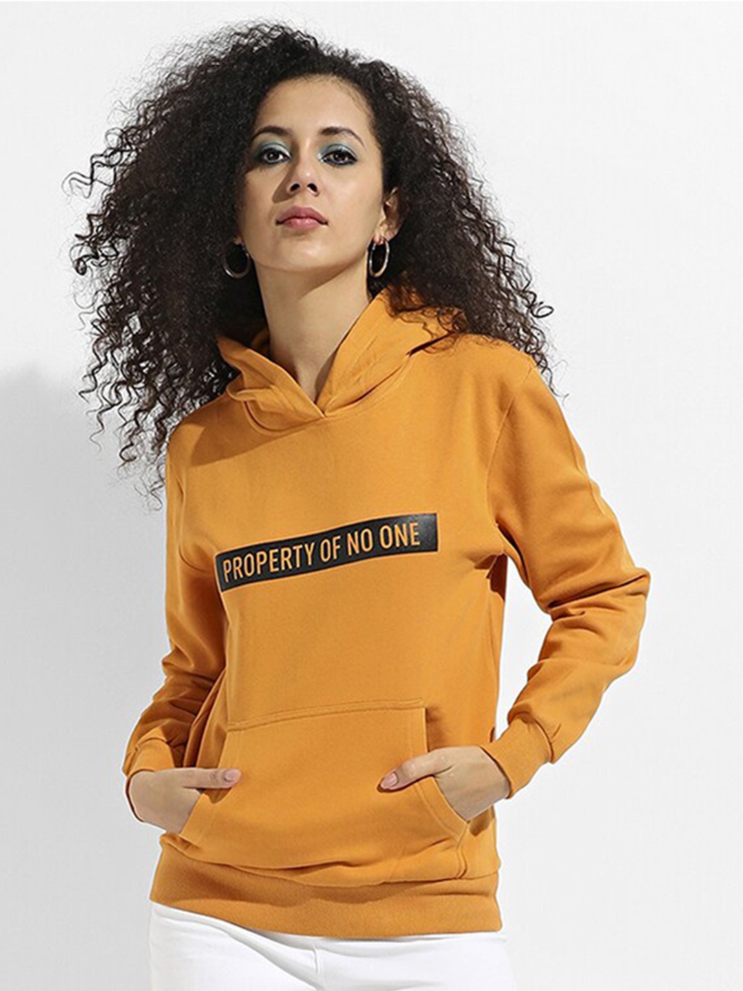 

Campus Sutra Typography Printed Hooded Cotton Pullover Sweatshirt, Mustard