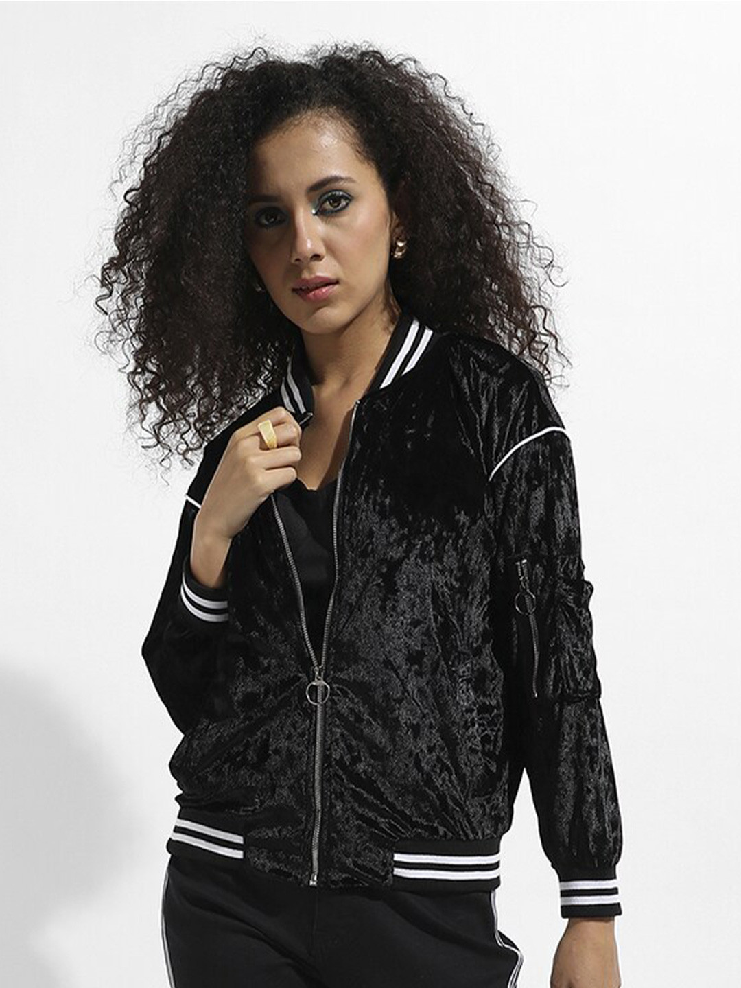 

Campus Sutra Stand Collar Velvet Bomber Jacket, Black