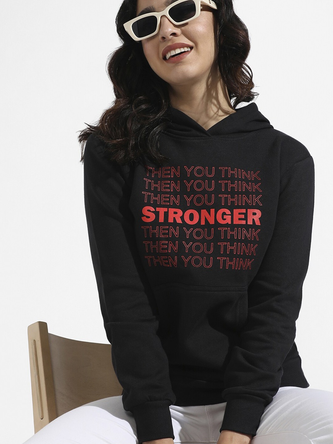 

Campus Sutra Typography Printed Hooded Cotton Pullover Sweatshirt, Black