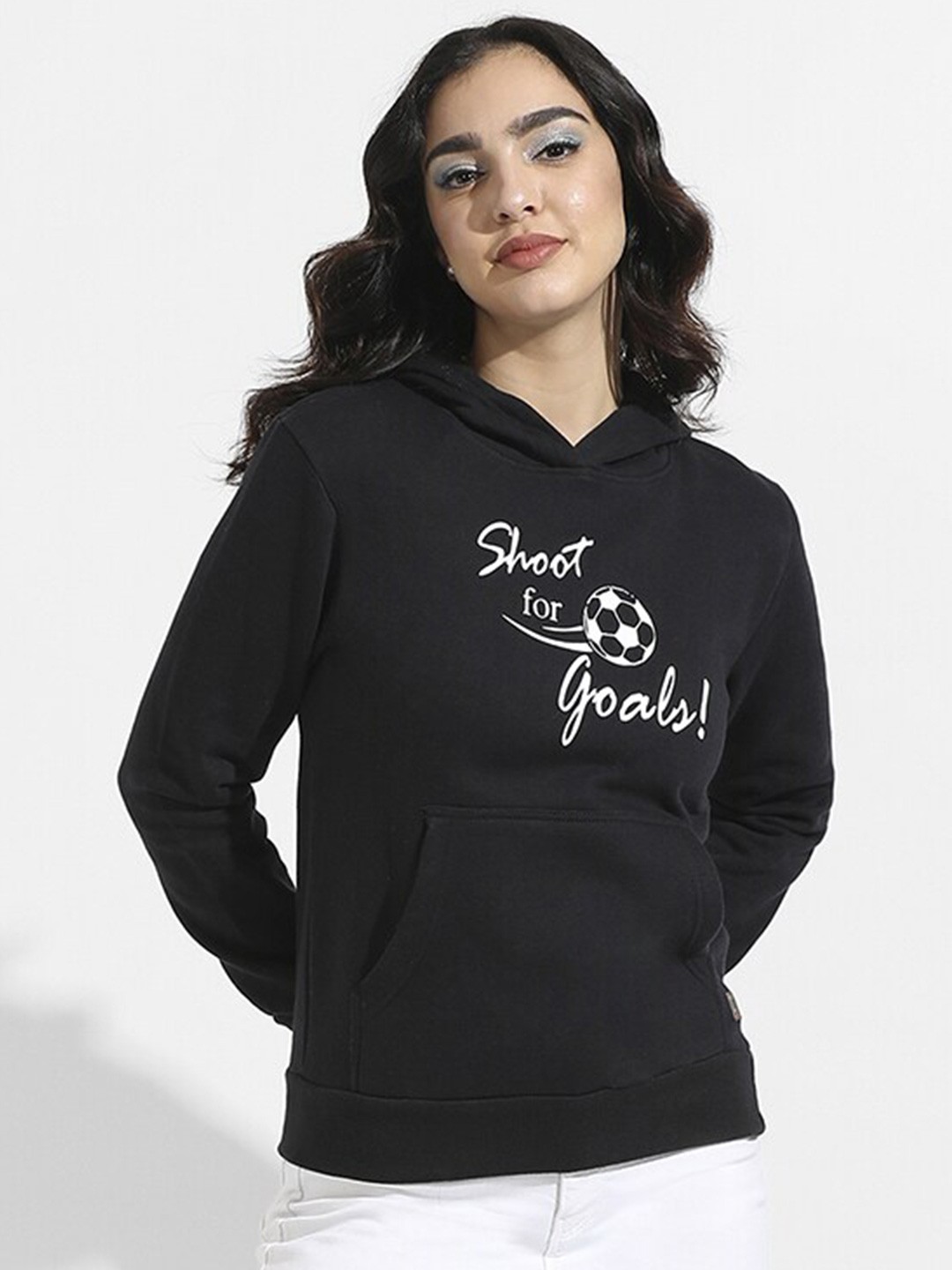 

Campus Sutra Typography Printed Hooded Pullover, Black