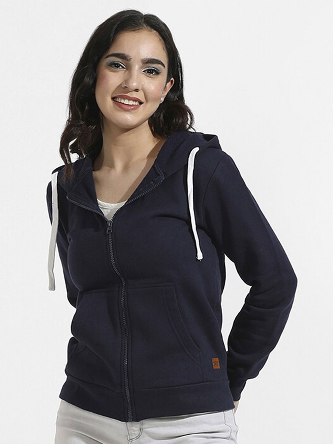 

Campus Sutra Hooded Cotton Front Open Sweatshirt, Navy blue