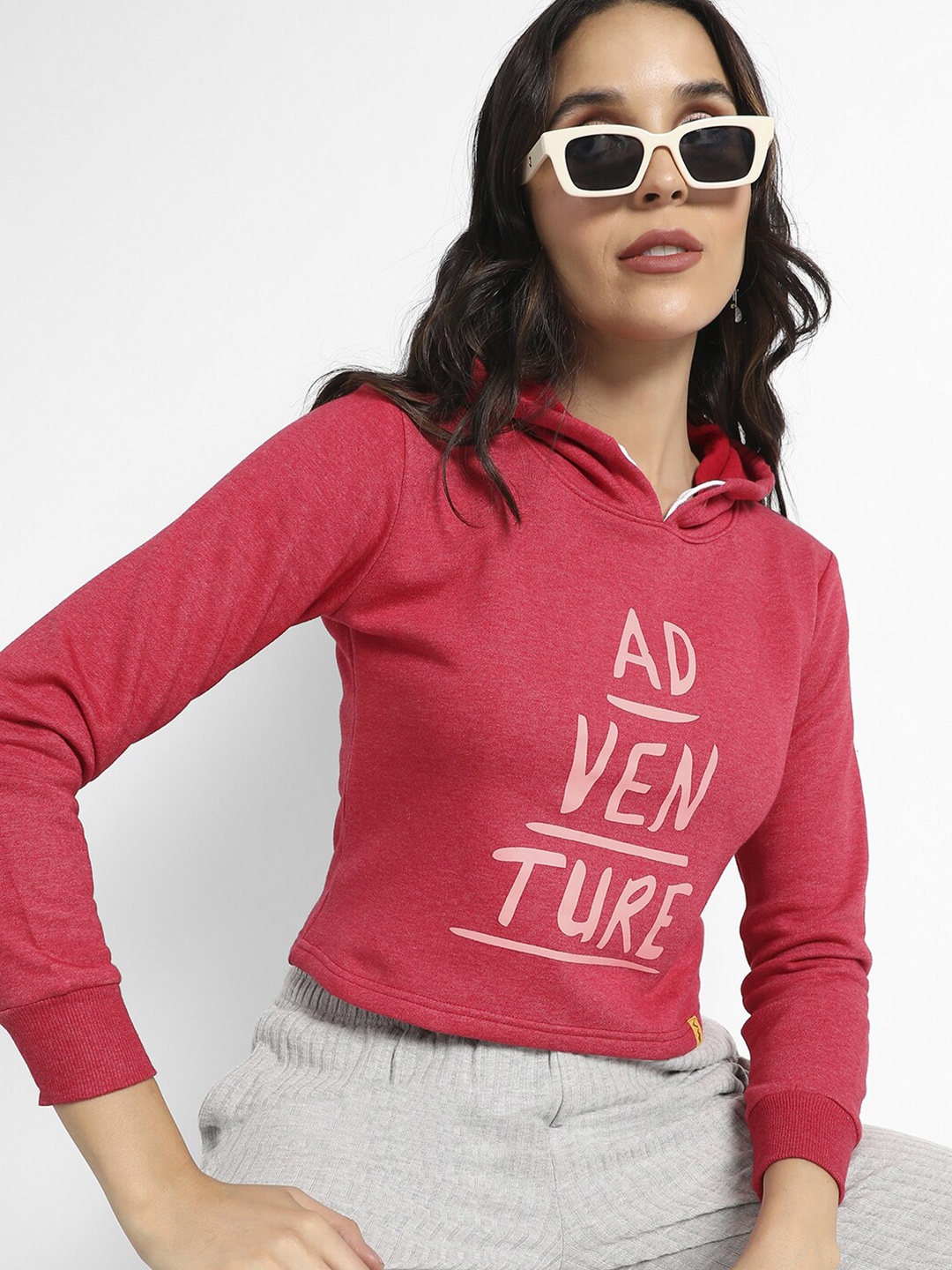 

Campus Sutra Typography Printed Hooded Pullover Cotton Sweatshirt, Red