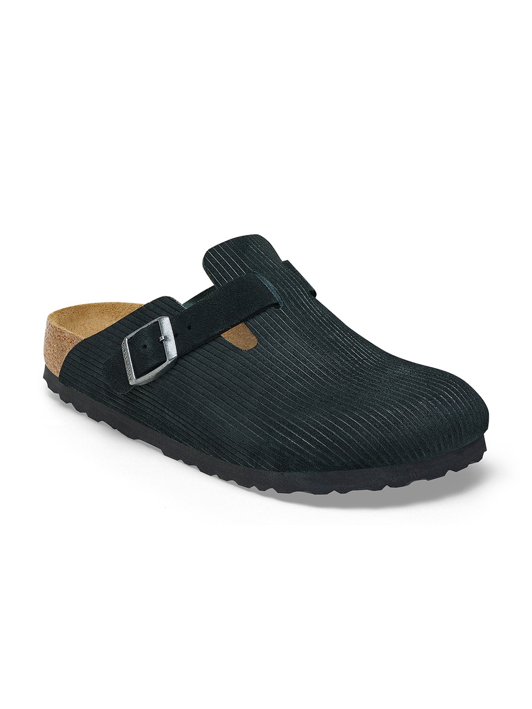 

Birkenstock Boston Black Regular Width Suede Embossed Clogs