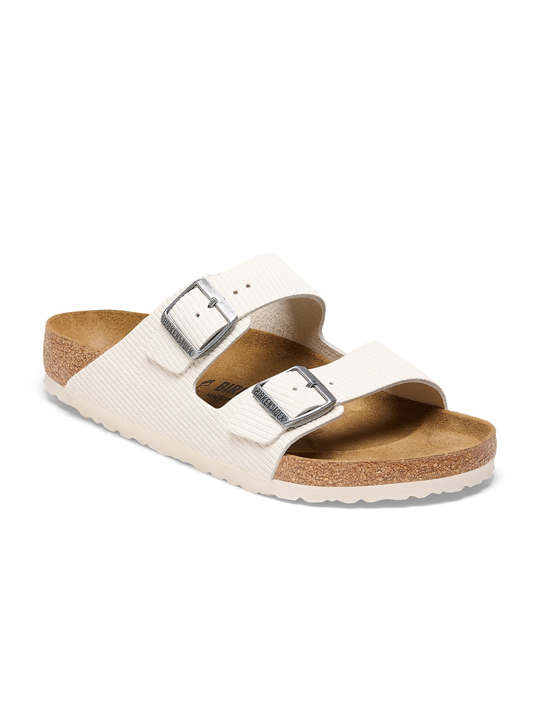 

Birkenstock Arizona Corduroy Antique White Regular Width Suede Embossed Two-Strap Sandals