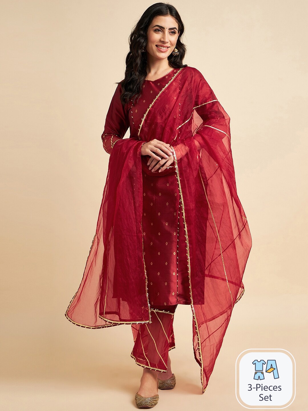 

Azira Woven Design Gotta Patti Straight Kurta With Palazzos & Dupatta, Maroon
