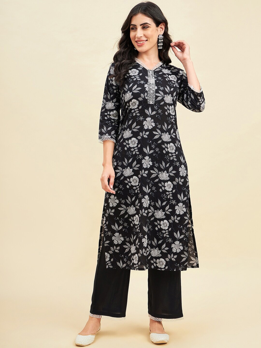 

Azira Floral Printed Straight Pure Cotton Kurta With Palazzos, Black