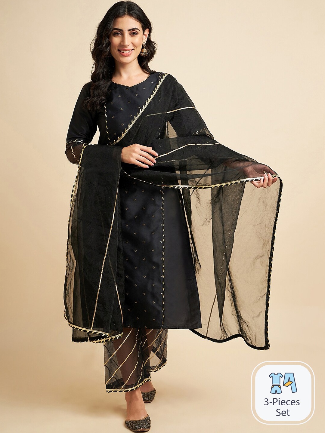 

Azira Ethnic Motifs Woven Design Straight Kurta With Palazzos & Dupatta, Black