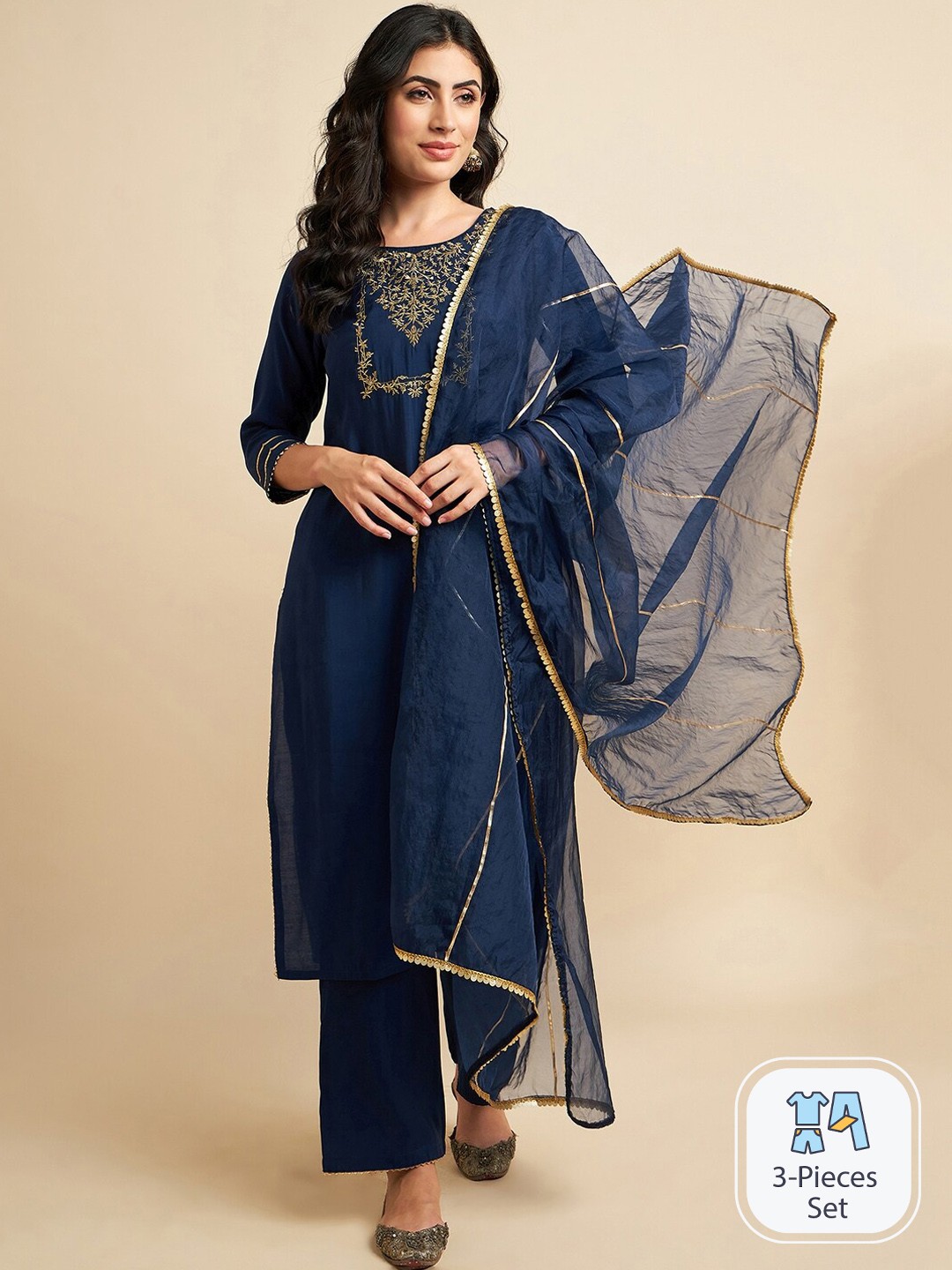 

Azira Ethnic Motifs Yoke Design Art Silk Straight Kurta With Palazzos & Dupatta, Blue