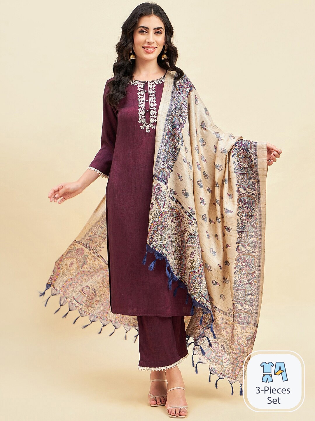 

Azira Floral Embroidered Straight Kurta With Palazzos With Dupatta, Purple