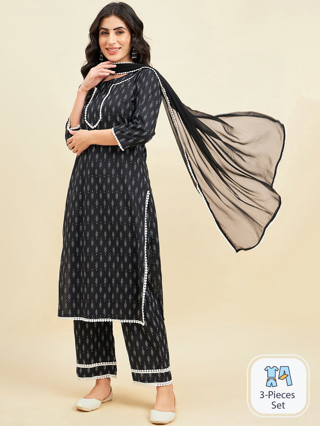 

Azira Ethnic Motifs Printed Pure Cotton Straight Kurta With Palazzos & Dupatta, Black